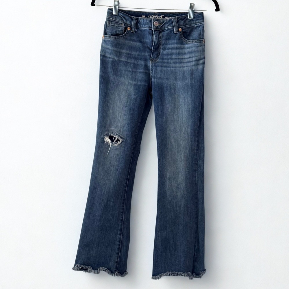 Cat & Jack Girls Flare Super Stretch Jeans Blue Distressed Raw Hem Size 12